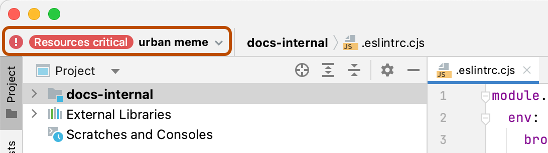 Captura de tela do cliente do JetBrains. O nome do codespace "meme urbano", rotulado "Recursos críticos", é realçado com um contorno laranja escuro.
