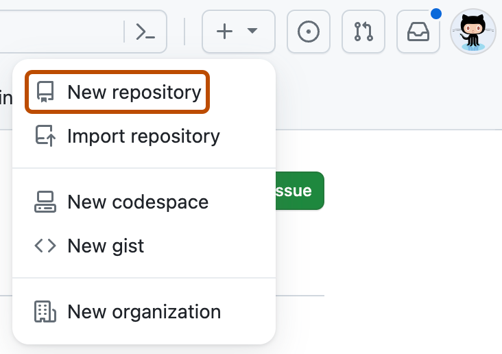 Screenshot eines GitHub-Dropdownmenüs mit Optionen zum Erstellen neuer Elemente. Das Menüelement „Neues Repository“ ist in dunklem Orange eingerahmt.