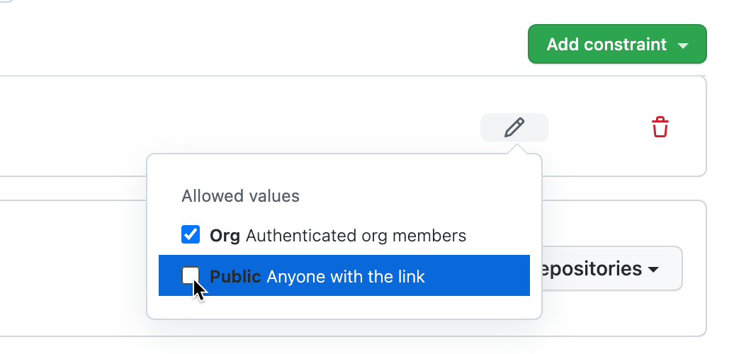 Captura de pantalla de la lista desplegable "Valores permitidos", con dos casillas. "Organización" está seleccionada y "Público" no está seleccionada.