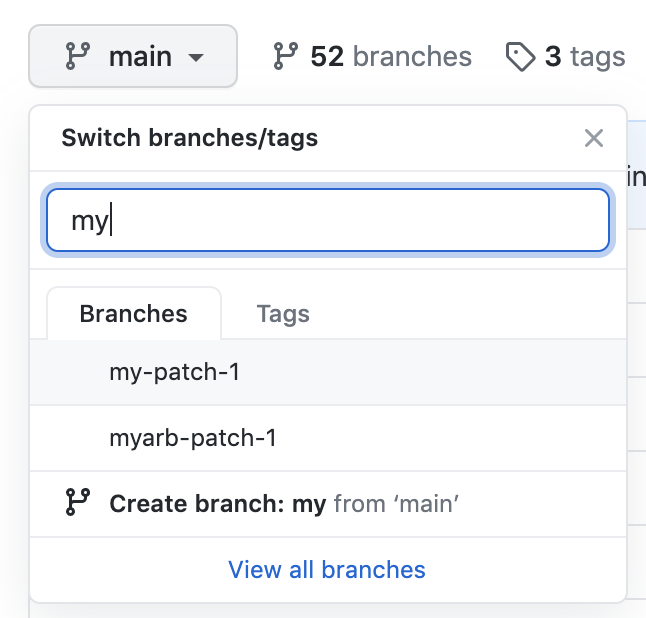 Captura de tela do menu suspenso do branch na página principal de um repositório.