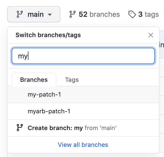 Screenshot des Dropdownmenüs „Branch“ auf der Hauptseite eines Repositorys