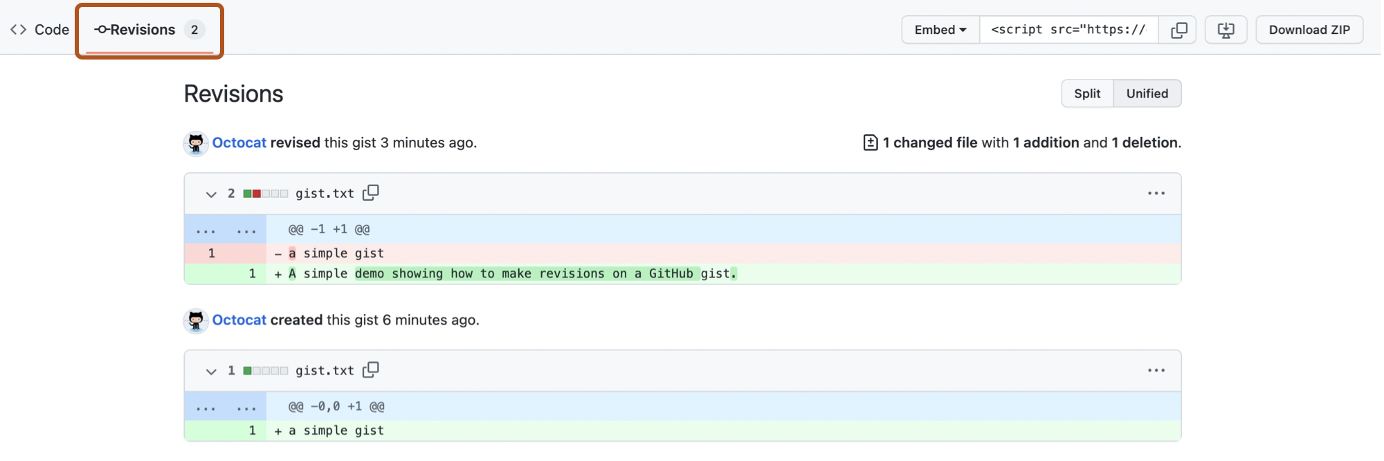 GitHub Gist의 "수정 내용" 페이지 스크린샷입니다. "수정 내용"이라는 레이블이 지정된 탭은 짙은 주황색으로 표시됩니다.