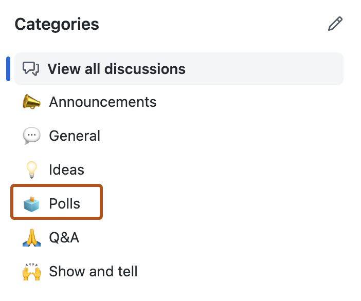Screenshot of the categories section in the "Discussions" tab. The "Poll" category is outlined in dark orange.
