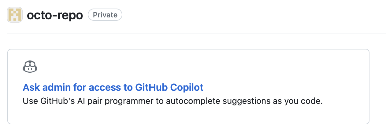 Screenshot from the top of an empty repository with the option ask admin for access to GitHub Copilot Business.