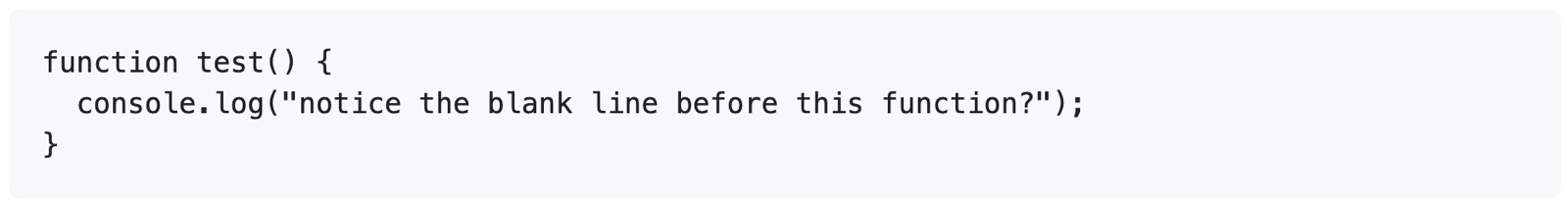 3 重のバッククォートによってコード ブロックが未加工の形式でレンダリングされることを示す、GitHub Markdown をレンダリングしたスクリーンショット。 ブロックは "function test() {" で始まっています。