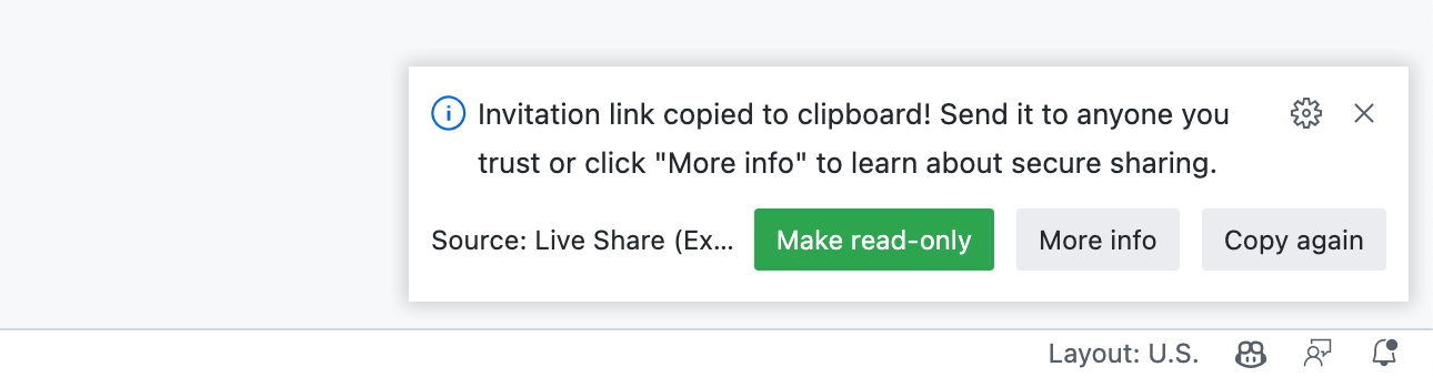 Captura de tela de uma mensagem pop-up: "Link de convite copiado para a área de transferência!" Há três botões: "Tornar somente leitura", "Mais informações" e "Copiar novamente".