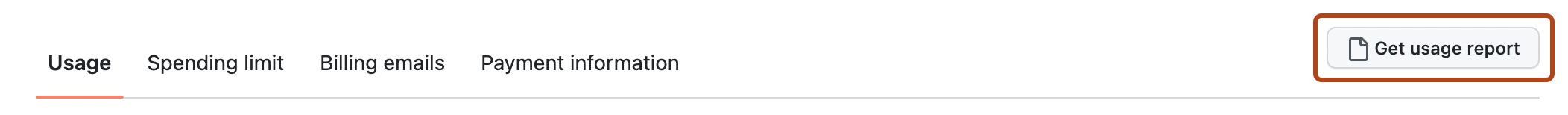 Captura de tela do cabeçalho da página de configurações de cobrança no GitHub. Um botão, rotulado "Obter relatório de uso", é realçado com um contorno laranja.