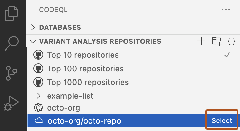 Captura de tela do modo de exibição "Repositórios de Análise de Variantes". A linha "octo-org/octo-repo" é destacada em azul e seu botão "Selecionar" é destacado em laranja.