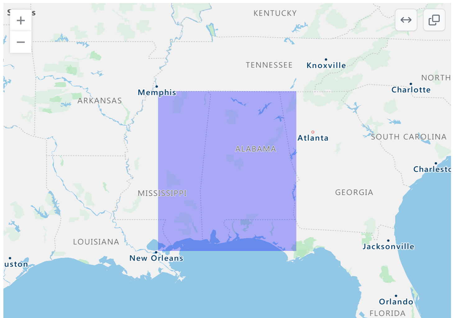 Captura de tela de um mapa renderizado do GeoJSON do sudeste Estados Unidos com uma sobreposição retangular roxa sobre partes do Alabama e Mississippi.