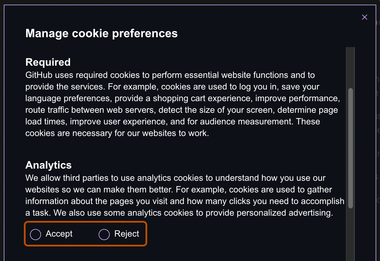 Снимок экрана: диалоговое окно "Управление настройками файлов cookie". В разделе "Аналитика", две переключатели с меткой "Принять" и "Отклонить", описаны оранжевым цветом.
