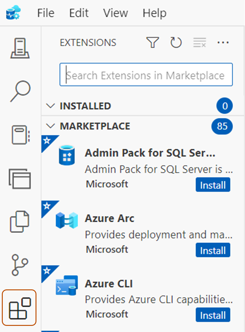 Screenshot of the Azure Data Studio left-side menu. The "Extensions" icon is highlighted with an orange outline.
