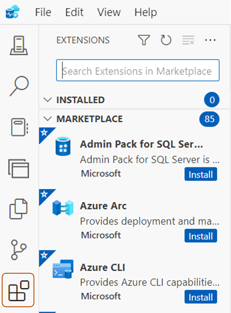 Captura de tela do menu do lado esquerdo do Azure Data Studio. O ícone “Extensões” está realçado com um contorno laranja.