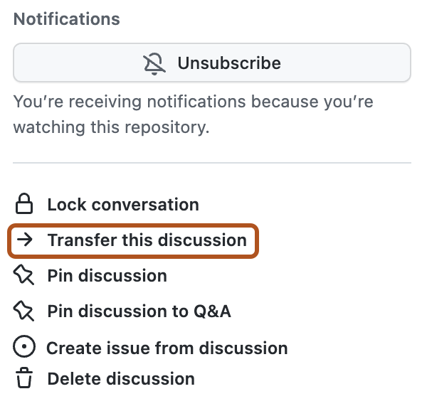 Screenshot of the right sidebar of a discussion. The "Transfer this discussion" option is outlined in dark orange.
