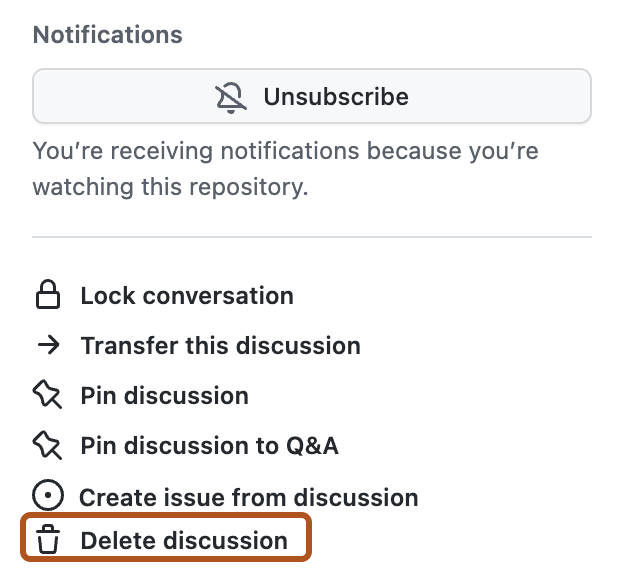 Screenshot of the right sidebar of a discussion. The "Delete discussion" option is outlined in dark orange.