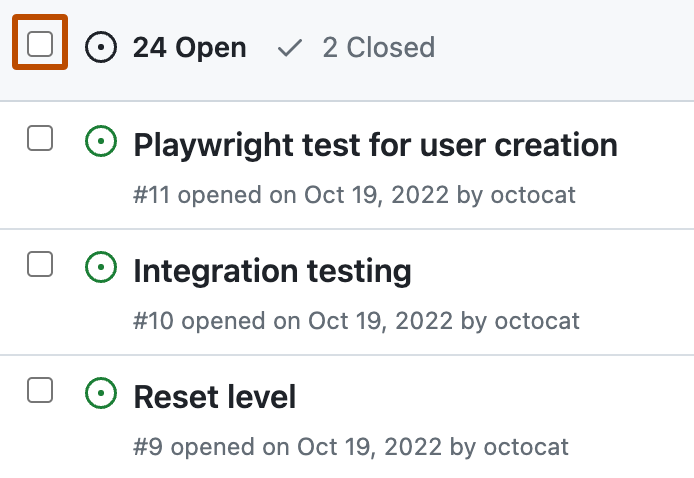 リポジトリの issue の一覧のスクリーンショット。 一覧の上のヘッダーで、すべての issue を選ぶためのチェックボックスが濃いオレンジ色の枠線で囲まれています。