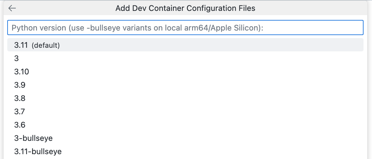 Python 3 のさまざまなバージョンの一覧が表示されている、[開発コンテナー構成ファイルの追加] ドロップダウンのスクリーンショット。