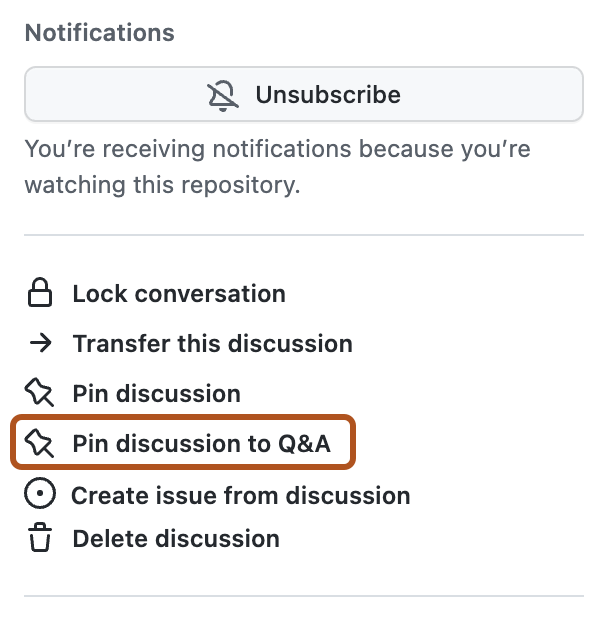 Capture d’écran de la barre latérale droite d’une discussion. L’option « Épingler la discussion à Q&A » est délimitée en orange foncé.