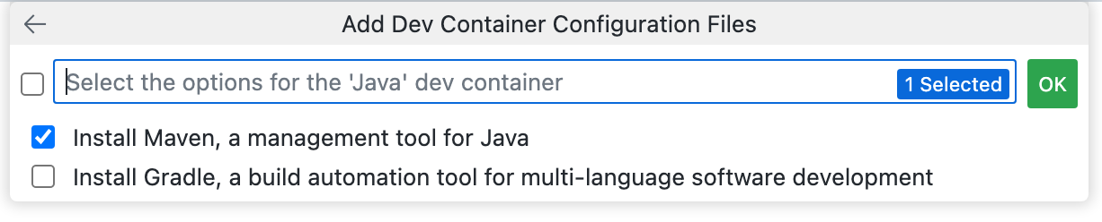 Captura de pantalla de la lista desplegable "Agregar archivos de configuración de contenedor de desarrollo" con la opción "Instalar Maven, una herramienta de administración para Java" seleccionada.
