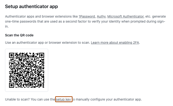 Captura de pantalla de la sección "Configuración de la aplicación Authenticator" de la configuración de 2FA. Un vínculo, con la etiqueta "clave de configuración", está resaltado en naranja.