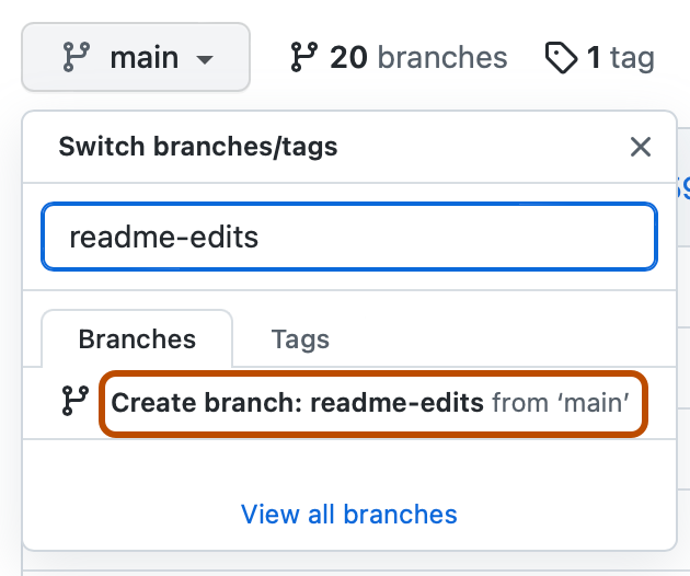 Captura de tela do menu suspenso do branch de um repositório. "Criar branch: readme-edits de 'main'" está contornado em laranja escuro.