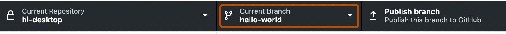 Снимок экрана: панель репозитория. Кнопка с меткой "Current Branch" (Текущая ветвь) со стрелкой вниз, обозначающая раскрывающееся меню, выделена оранжевым цветом.