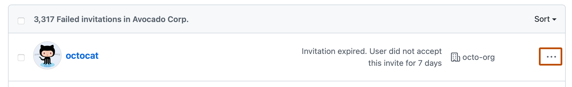 Screenshot eines Benutzers in der Liste der fehlgeschlagenen Einladungen. Ein Dropdownmenü mit einem 3-Punkte-Symbol ist mit einem orangefarbenen Umriss hervorgehoben.