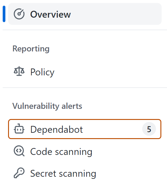 Screenshot of security overview, with the "Dependabot" tab highlighted with a dark orange outline.