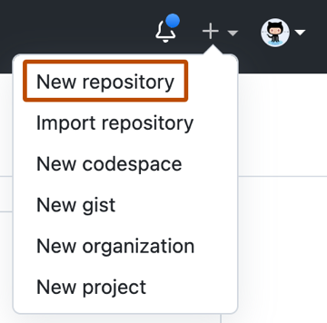 Capture d’écran d’un menu déroulant GitHub montrant les options permettant de créer des éléments. L’élément de menu « Nouveau référentiel » est souligné en orange foncé.