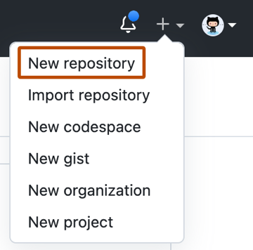 새 항목을 만드는 옵션을 보여 주는 GitHub 드롭다운 메뉴의 스크린샷 메뉴 항목 "새 리포지토리"는 진한 주황색으로 표시됩니다.