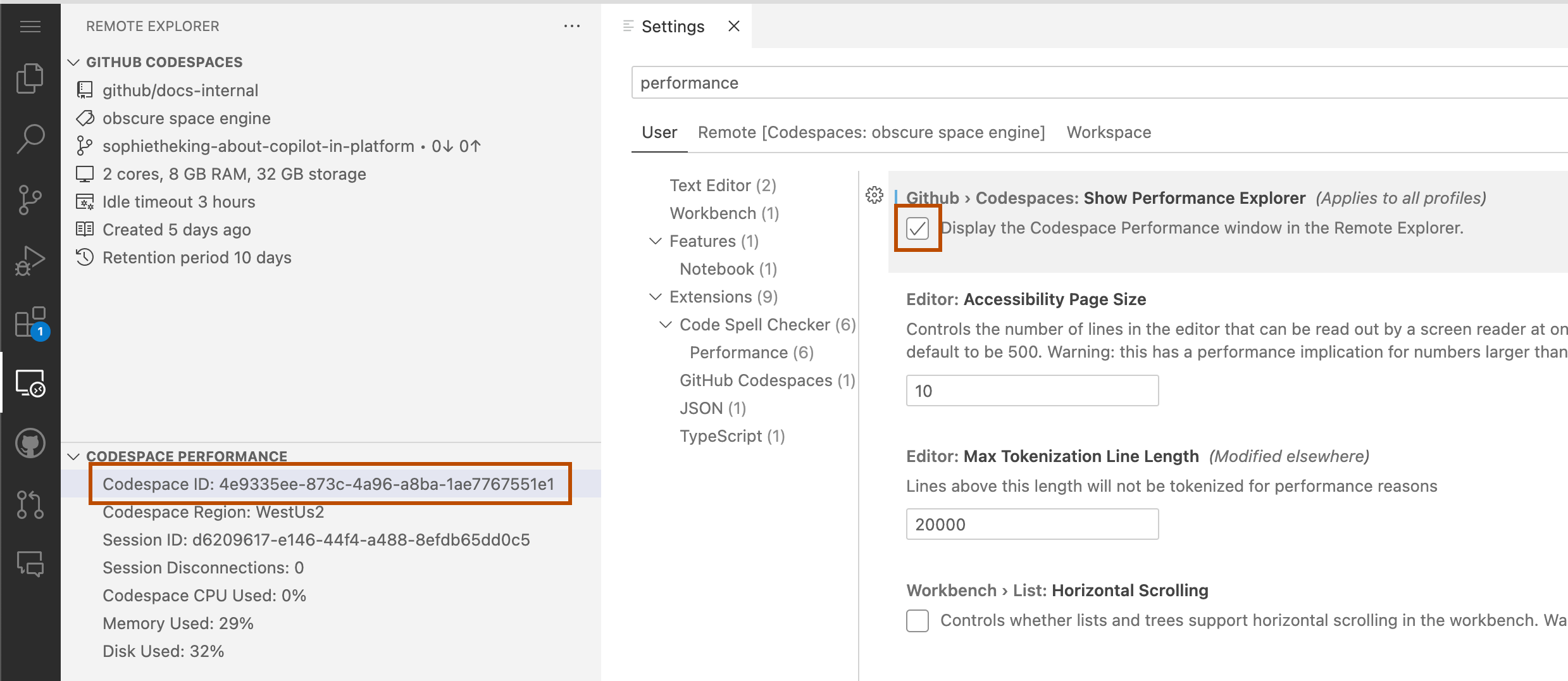 Screenshot mit ausgewählter Option „Leistungs-Explorer anzeigen“ auf der Registerkarte „Einstellungen“ von VS Code und einer hervorgehobenen Codespace-ID in der Randleiste des Remote-Explorers.