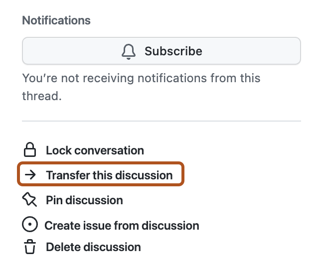 Screenshot of the "Transfer discussion" option in right sidebar for discussion