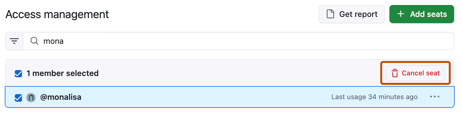 Captura de tela da seção Gerenciamento de acesso, com um usuário selecionado e o botão 'Cancelar usuário' realçado.