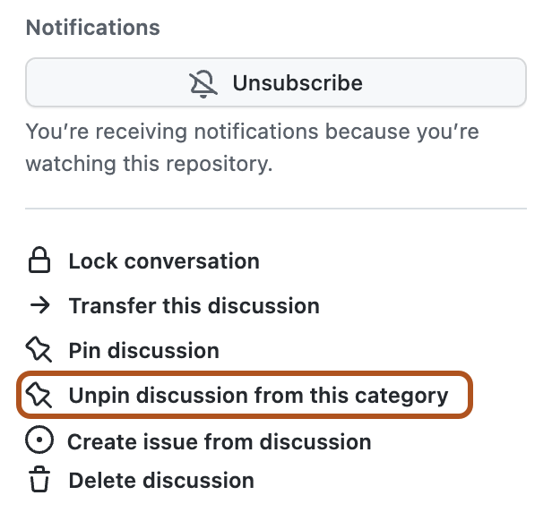 Screenshot of the right sidebar of a discussion. The "Unpin discussion from this category" option is outlined in dark orange.