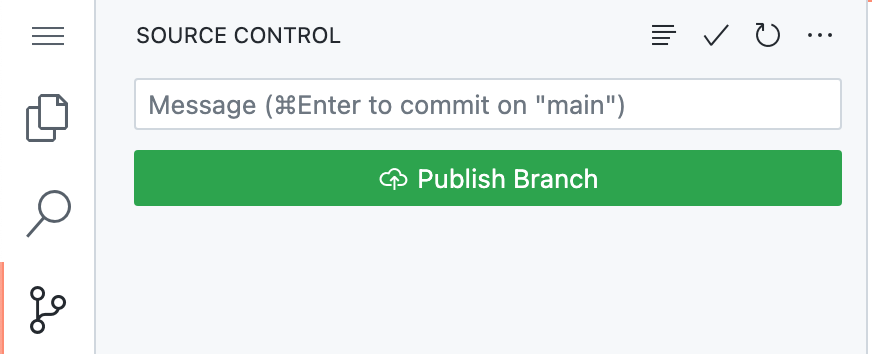 Captura de pantalla de la barra lateral "Control de código fuente" que muestra el botón "Publicar rama".