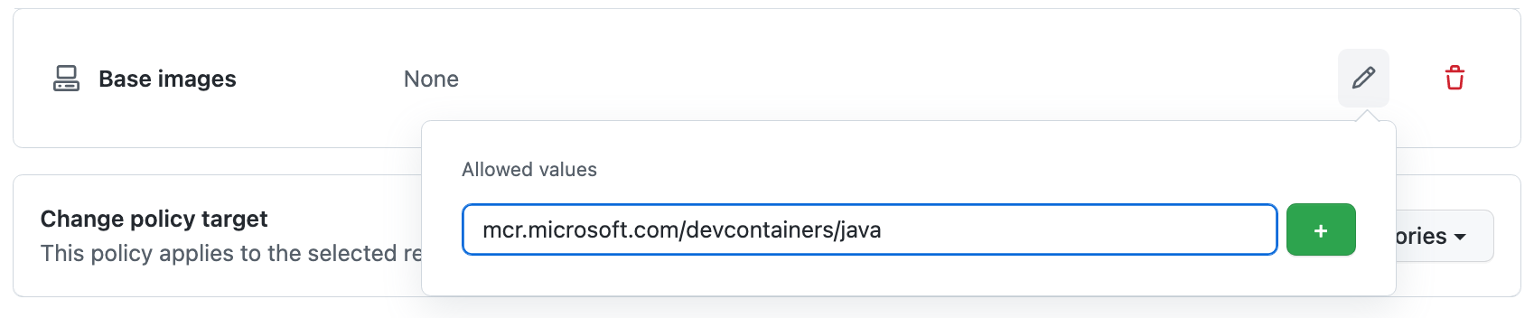 Captura de tela da referência de imagem "mcr.microsoft.com/devcontainers/java" inserida no campo "Valores permitidos".