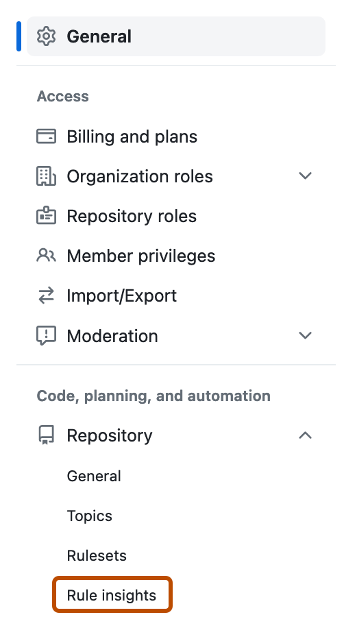 Captura de pantalla de la página de configuración de una organización. En la barra lateral, aparece un vínculo etiquetado como "Información sobre reglas" con un contorno naranja.