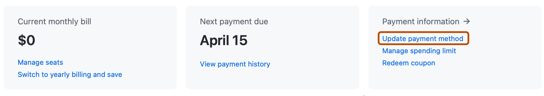 Screenshot of the summary section of the billing settings page. In the "Payment information" box, a link, labeled "Update payment method", is highlighted with an orange outline.