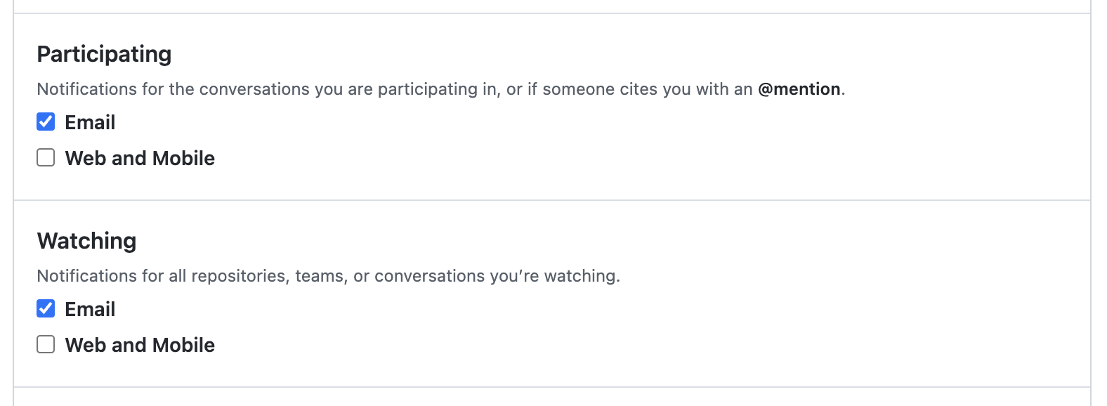 Captura de tela da página "Configurações de notificação". As configurações "Participando" e "Inspecionando" são mostradas, cada uma com duas opções de caixa de seleção, intituladas "Email" e "Web e Móvel".
