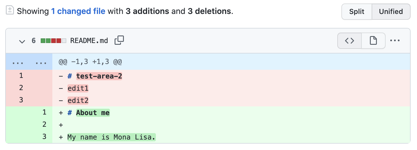 Снимок экрана: diff для файла README.md. 3 красные линии перечисляют удаляемый текст, а 3 зеленые линии — добавляемый текст.