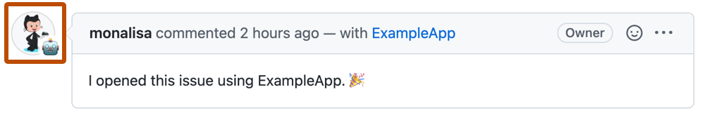 Capture d’écran d’un commentaire qui a un avatar utilisateur avec un badge d’identicon d’application superposé. L’avatar est mis en évidence avec un encadré orange.