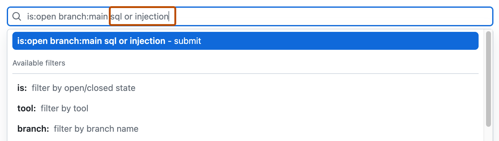 Captura de tela do campo de pesquisa na exibição de alertas da code scanning. O campo inclui os filtros predefinidos "is: open branch:main". O texto livre "sql ou injeção" está realçado em laranja escuro.