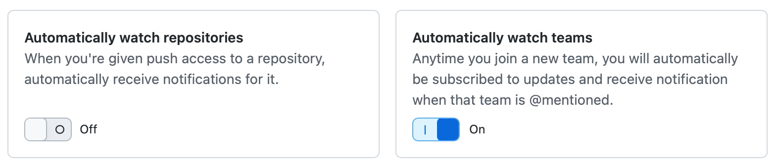 Captura de tela das alternâncias para "Inspecionar repositórios automaticamente" e "Assistir automaticamente às equipes".