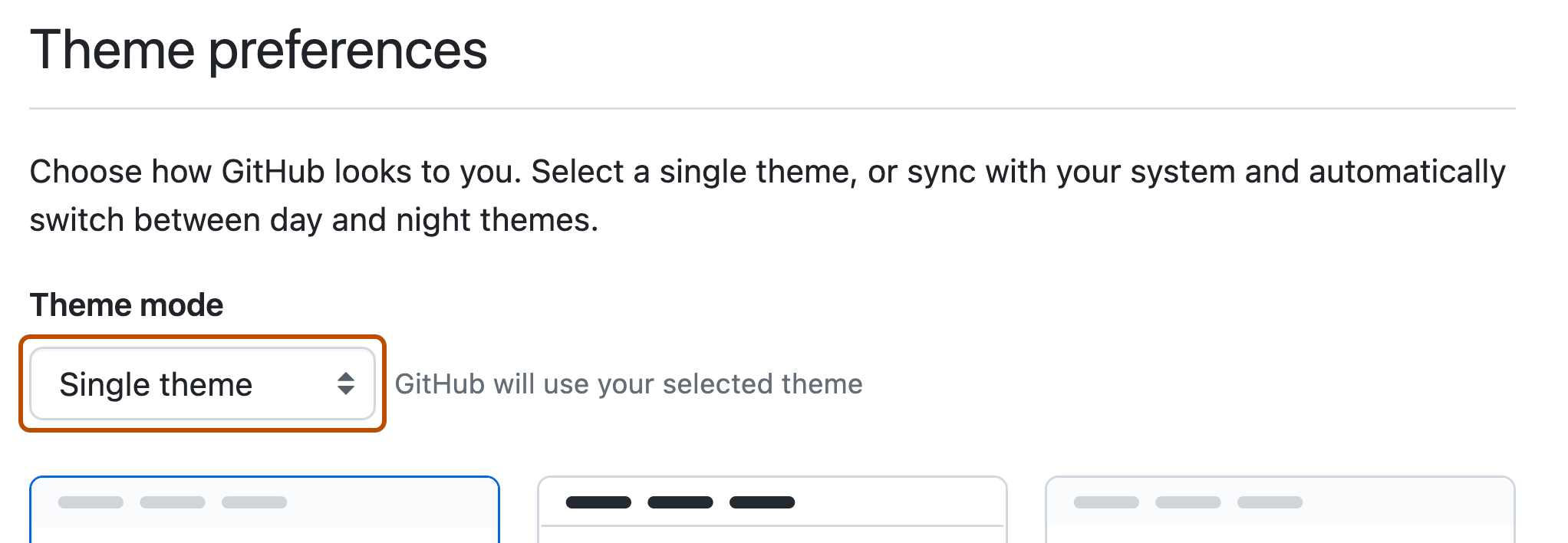Drop-down menu under "Theme mode" for selection of theme preference