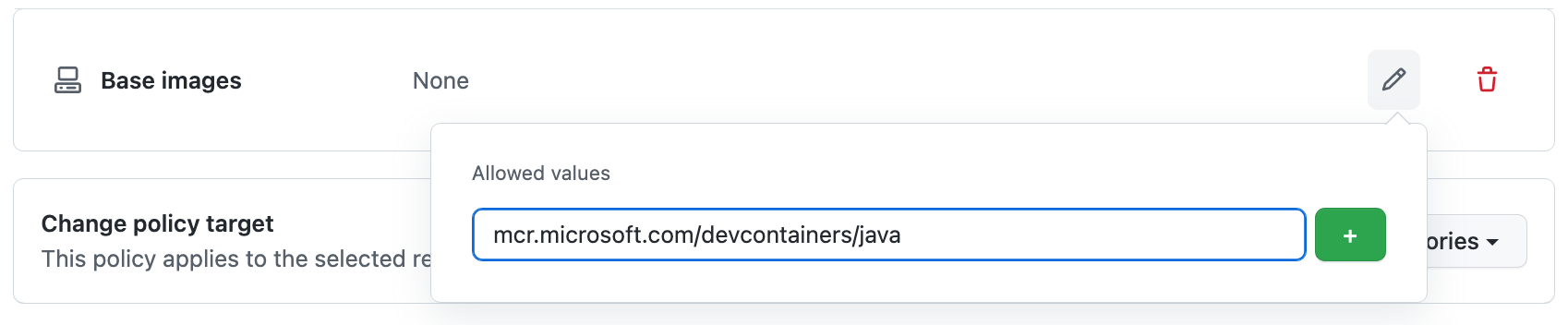 Captura de pantalla de la dirección URL "mcr.microsoft.com/vscode/devcontainers/java" especificada en el campo "Valores permitidos".