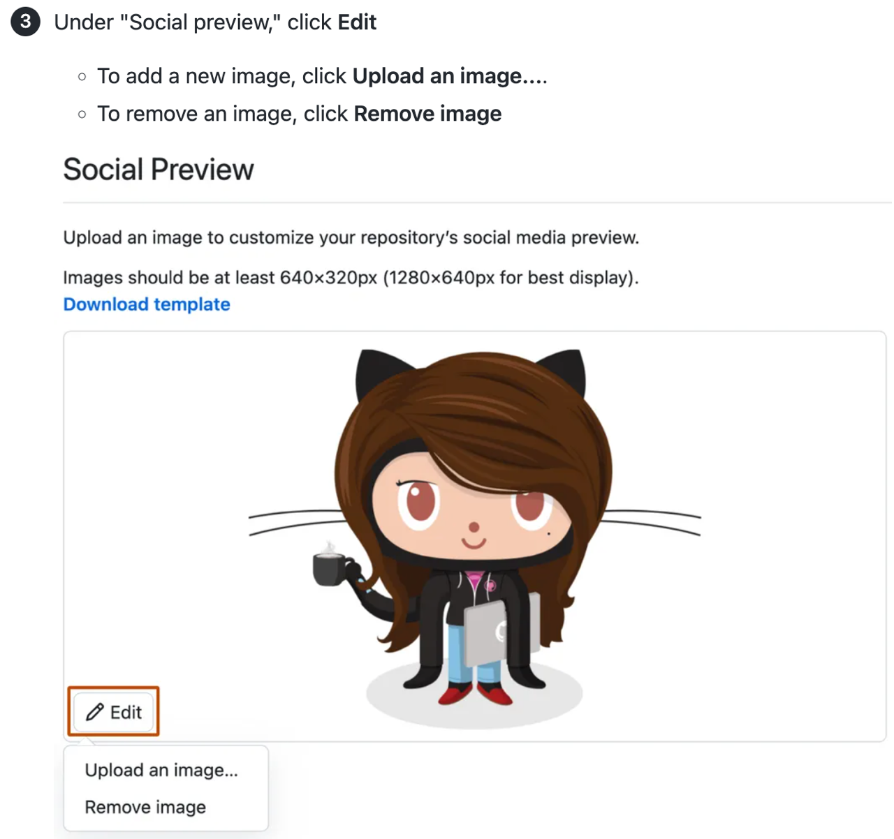 Screenshot eines Artikels mit Textanweisungen und einem Benutzeroberflächenscreenshot zur Bearbeitung eines Social-Media-Bildes in einem GitHub-Repository