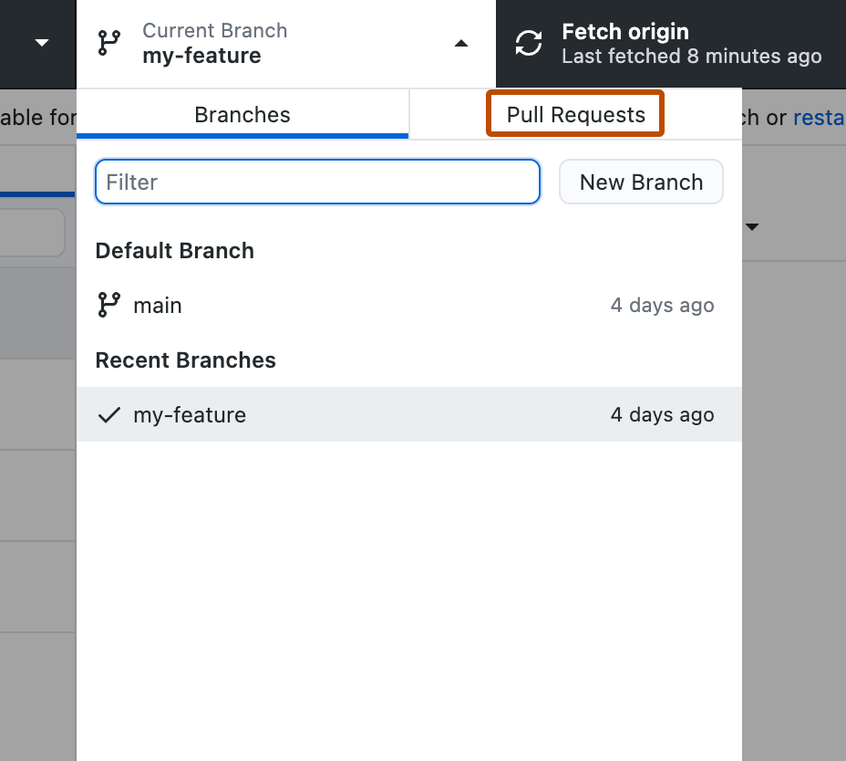 Screenshot des Dropdownmenüs „Aktueller Branch“ Die Registerkarte „Pull Requests“ ist orange umrandet.