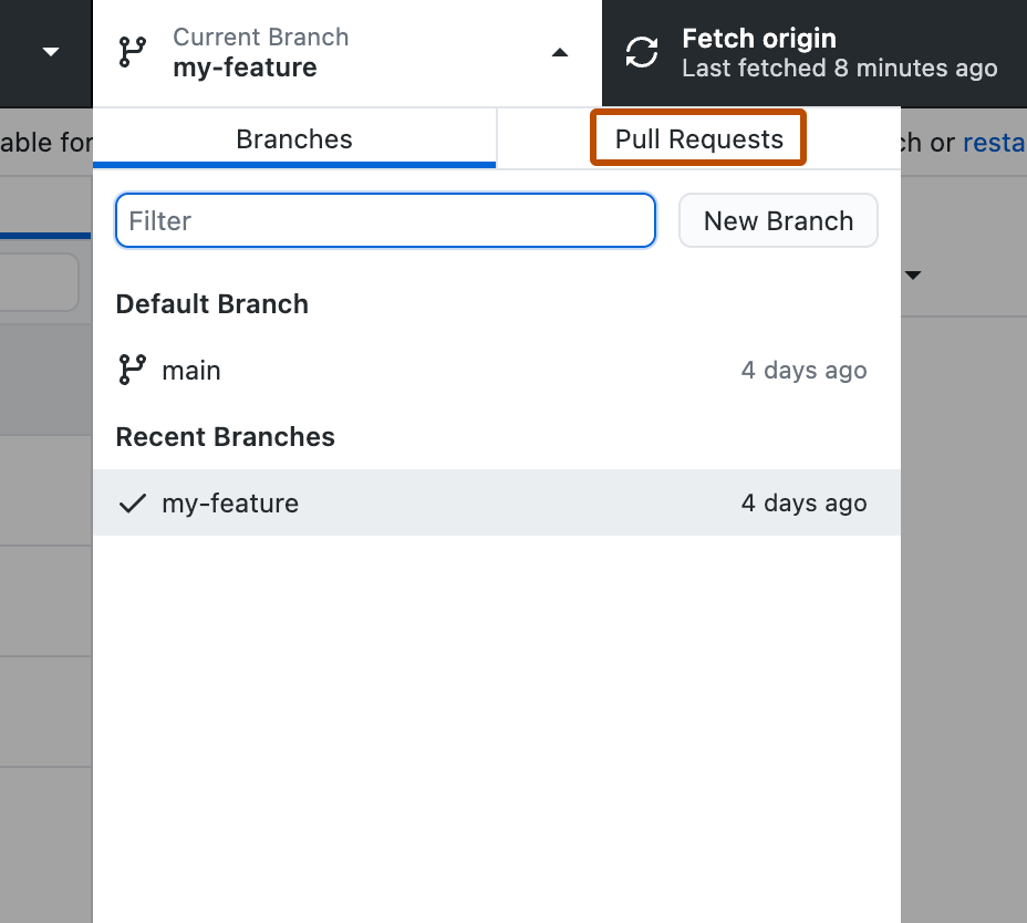 Capture d’écran du menu déroulant « Branche actuelle ». Un onglet intitulé « Demandes de tirage » est mis en évidence avec un encadré orange.