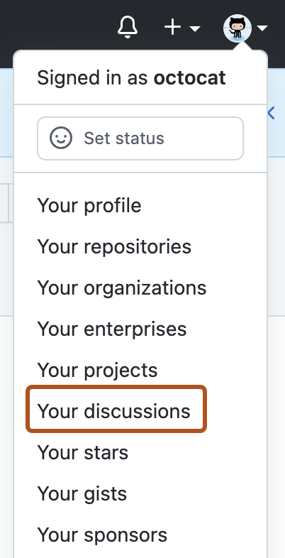 Screenshot der Dropdownliste „Konto“ auf GitHub Enterprise Server. Die Option „Diskussionen“ ist in dunklem Orange eingerahmt.