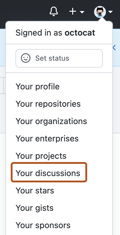 Screenshot of the account dropdown on GitHub Enterprise Cloud. The "Your discussions" option is outlined in dark orange.