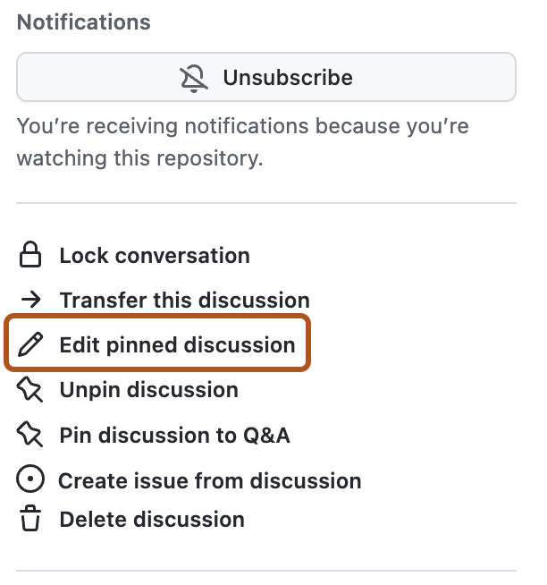 Capture d’écran de la barre latérale droite d’une discussion. L’option « Modifier la discussion épinglée » est présentée en orange foncé.